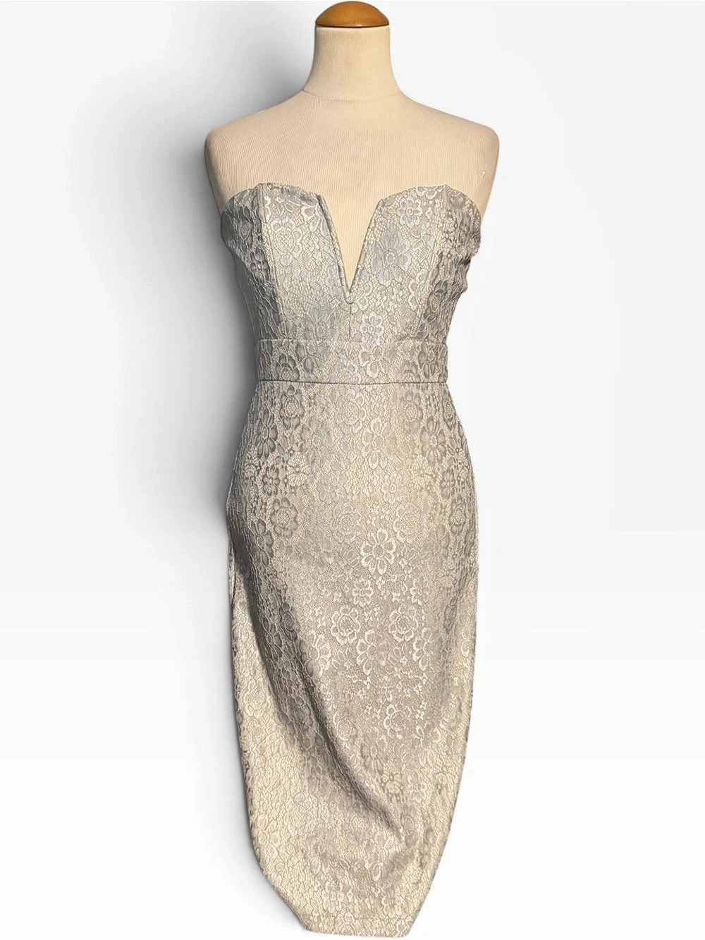 Akira Chicago Strapless Bodycon Midi Dress Silver Gold Size Small